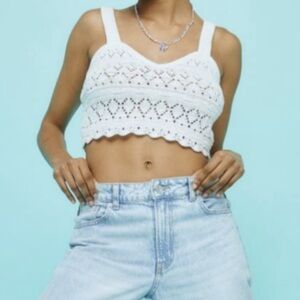 H&M White Crochet Knit Crop Tank Top Size Medium